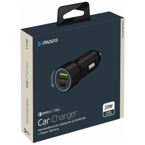 АЗУ  Deppa USB-C + USB A, PD 3.0, QC 3.0, 20W, черный