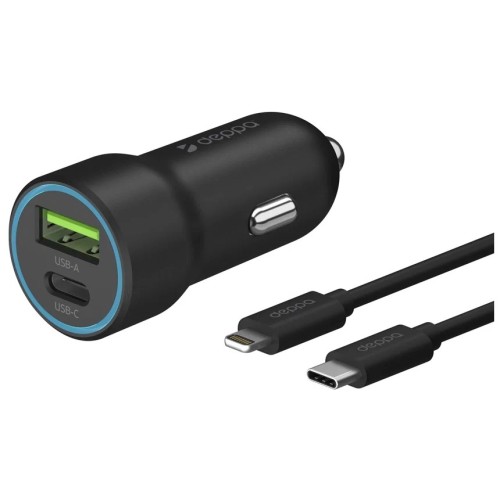 АЗУ Deppa USB-C + USB A, PD 3.0, QC 3.0, 20W, дата-кабель USB-C - Lightning (MFI), 1.2м, черный
