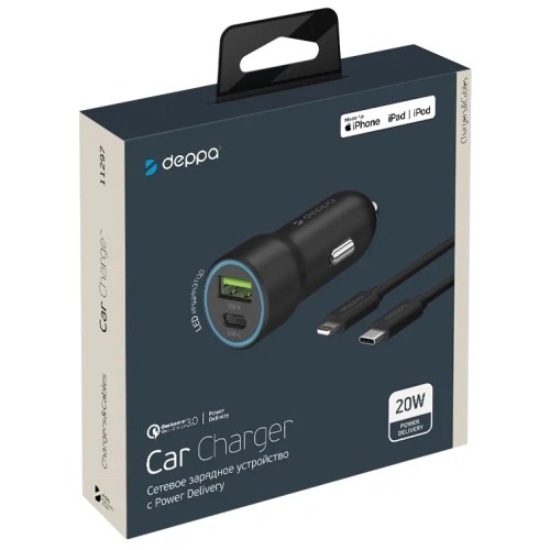 АЗУ Deppa USB-C + USB A, PD 3.0, QC 3.0, 20W, дата-кабель USB-C - Lightning (MFI), 1.2м, черный