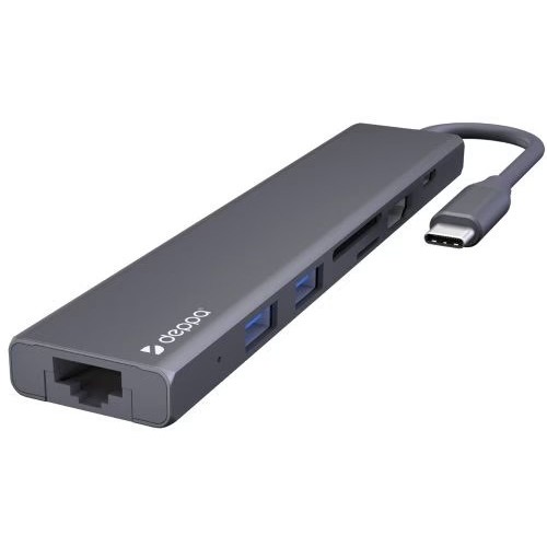 USB Type-C хаб 7-в-1 Deppa , HDMI, Power Delivery, 2xUSB 3.0, RJ45, microSD/SD, графит