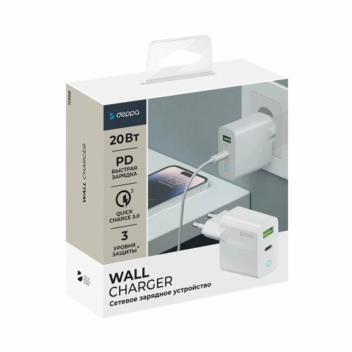 СЗУ USB-C + USB A Deppa, PD 3.0, QC 3.0, 20W, белый