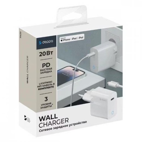 СЗУ USB Type-C Deppa, Power Delivery, 20Вт, дата-кабель USB-C - Lightning MFI, белый