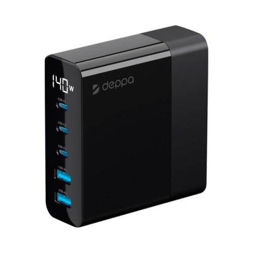 Зарядная станция Deppa 3xUSB Type-C, 2xUSB, PD, QC, 140Вт, черный