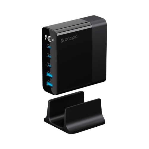 Зарядная станция Deppa 3xUSB Type-C, 2xUSB, PD, QC, 140Вт, черный