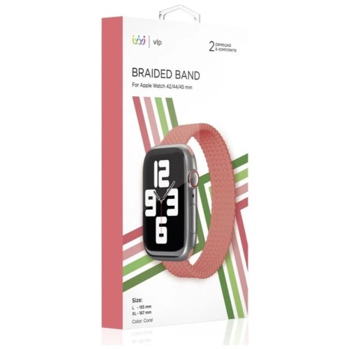Ремешок нейлоновый плетёный VLP для Apple Watch 42/44/45, L/XL, 2шт, коралловый