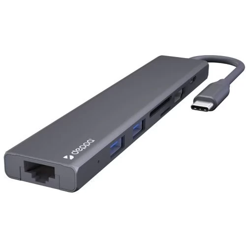 USB Type-C хаб 7-в-1 Deppa , HDMI, Power Delivery, 2xUSB 3.0, RJ45, microSD/SD, графит