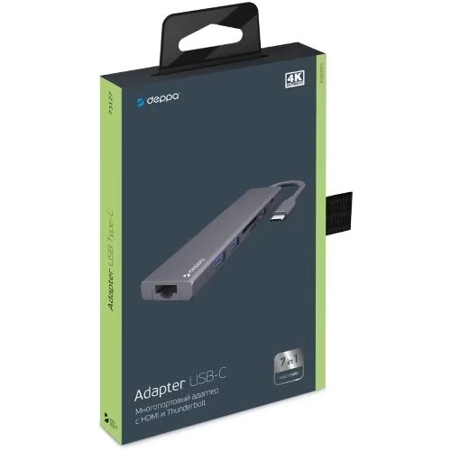 USB Type-C хаб 7-в-1 Deppa , HDMI, Power Delivery, 2xUSB 3.0, RJ45, microSD/SD, графит